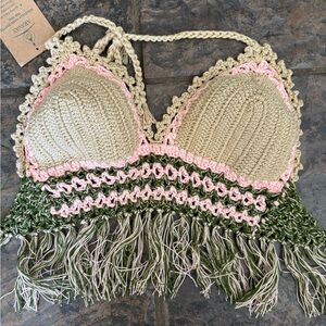 Handmade Crochet Crop Top in Beige, Pink, and Olive